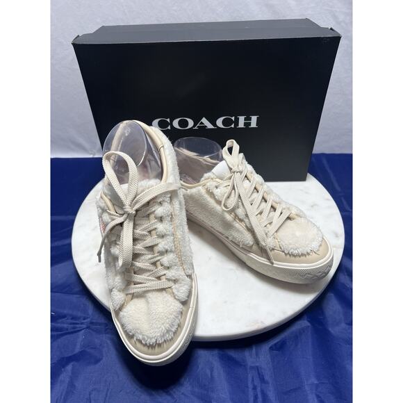 Coach City Sole Shearling Platform Sneakers Shoes Natural Chalk Women Size 8 - Picture 10 of 16
